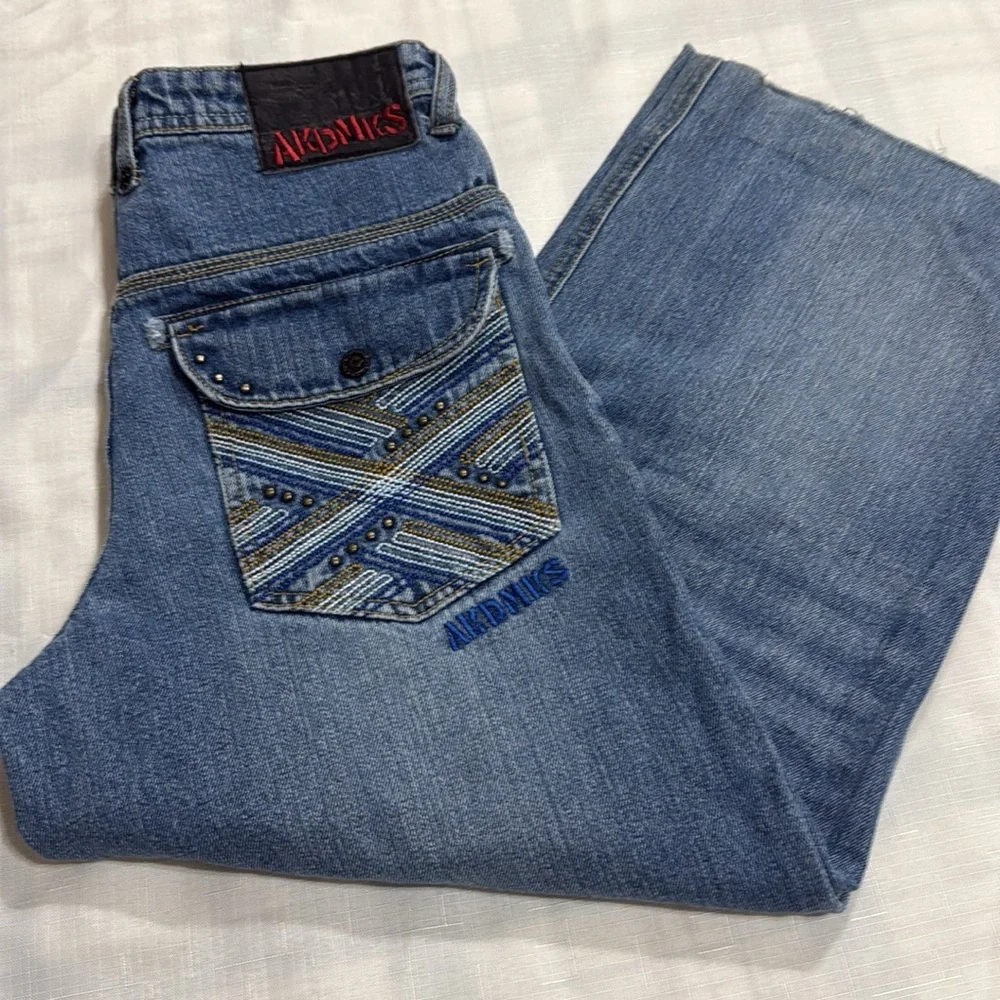 (T6) Akademiks VTG Y2K Embroidered Wide Leg Blue Jeans for Youth Size 16 Retro - Picture 14 of 16